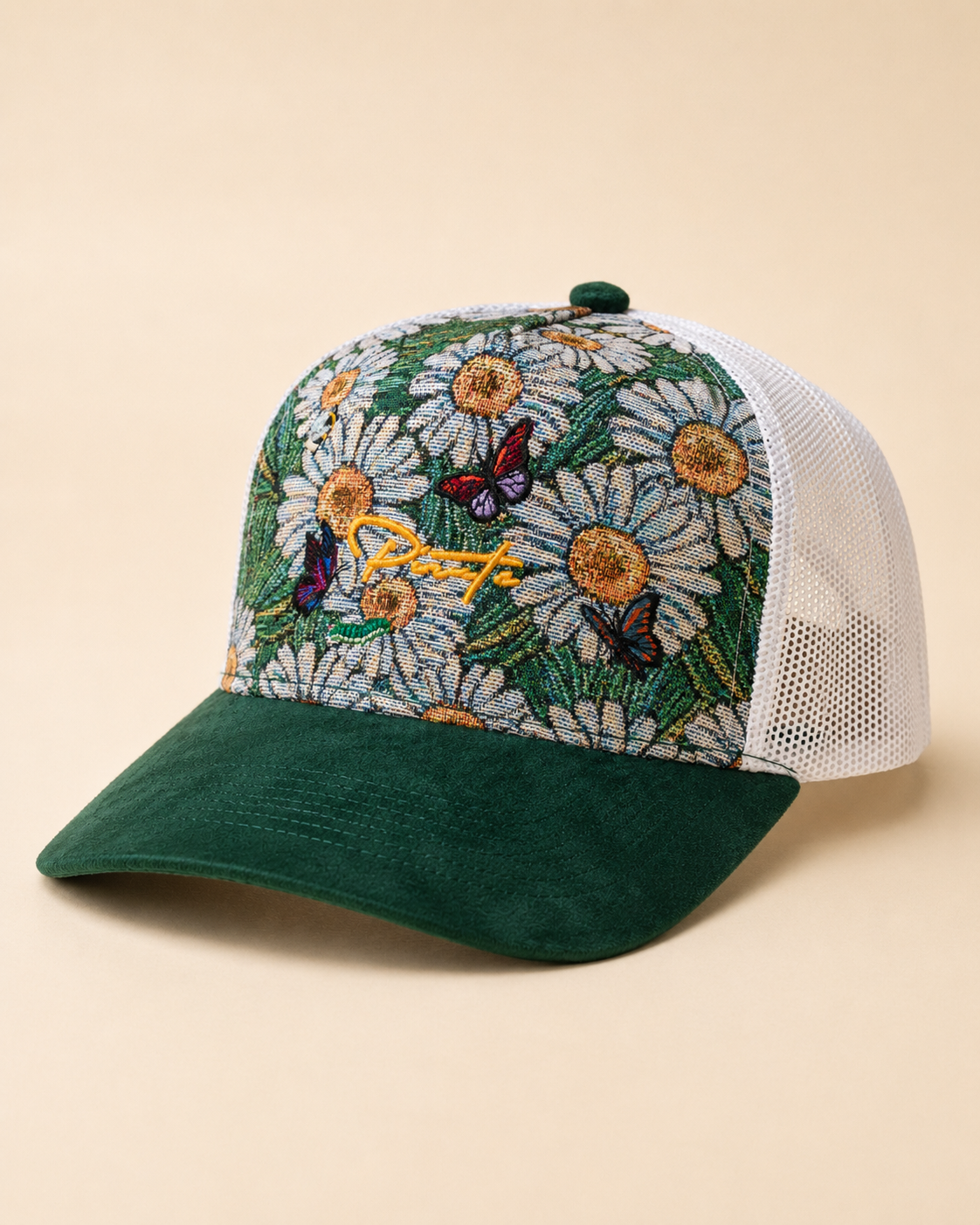 Pirate “Ideas in Transit” Daisy Tapestry Trucker Hat (Forest Green / White)