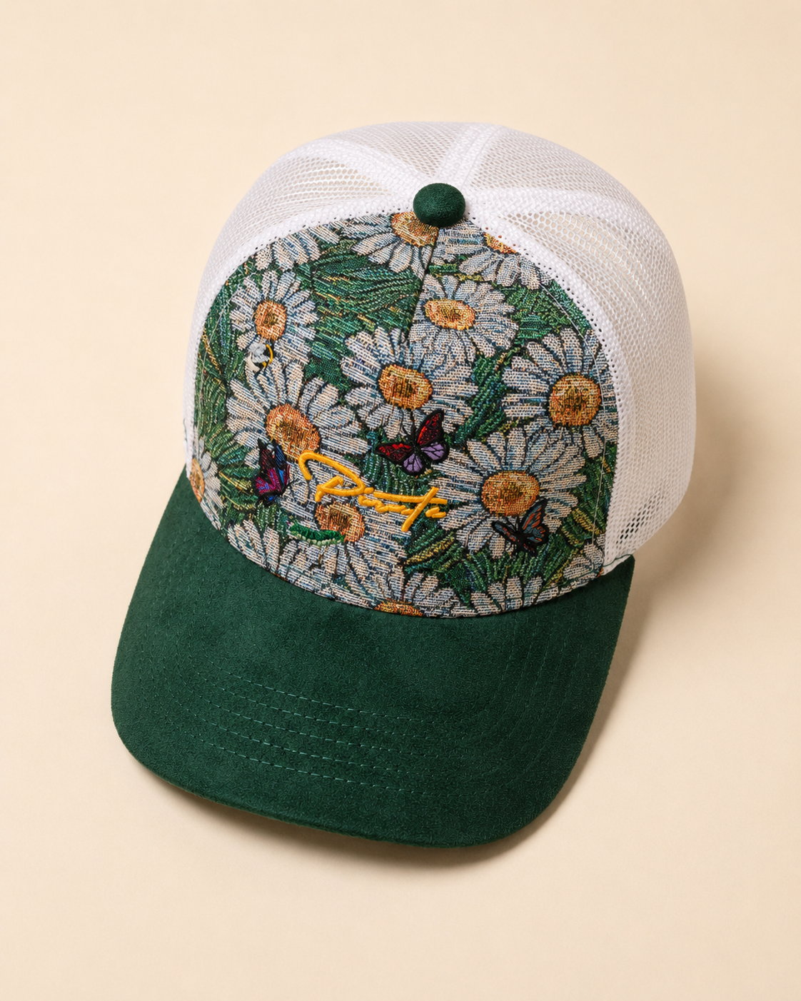 Pirate “Ideas in Transit” Daisy Tapestry Trucker Hat (Forest Green / White)